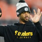 Nov 21, 2024; Cleveland, Ohio, USA; Pittsburgh Steelers quarterback Russell Wilson (3) warms up before the game between the Cleveland Browns and the Steelers at Huntington Bank Field.