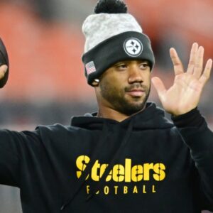 Nov 21, 2024; Cleveland, Ohio, USA; Pittsburgh Steelers quarterback Russell Wilson (3) warms up before the game between the Cleveland Browns and the Steelers at Huntington Bank Field.