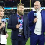 Dec 21, 2023; Inglewood, California, USA; Amazon Prime Thursday Night Football broadcasters (from left) Tony Gonzalez, Charissa Thompso, Ryan Fitzpatrick, Andrew Whitworth and Richard Sherman during the game between the Los Angeles Rams and the New Orleans Saints at SoFi Stadium.