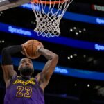 Los Angeles Lakers forward LeBron James (23) goes up for a dunk in the second half against the Orlando Magic at Crypto.com Arena.