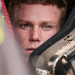 NASCAR Xfinity Series driver Riley Herbst (98) sits in his car Saturday, July 20, 2024, during qualifying for the Pennzoil 250 at Indianapolis Motor Speedway.