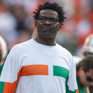 Nov 9, 2024; Atlanta, Georgia, USA; Former Miami Hurricanes wide receiver Michael Irvin on the sideline against the Georgia Tech Yellow Jackets in the first quarter at Bobby Dodd Stadium at Hyundai Field.
