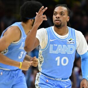Cleveland Cavaliers guard Darius Garland (10) celebrates after hitting a three point basket during the first quarter against the Charlotte Hornets at Rocket Mortgage FieldHouse.
