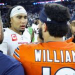 Sep 15, 2024; Houston, Texas, USA; Houston Texans quarterback C.J. Stroud (7) talks with Chicago Bears quarterback Caleb Williams (18) after the game at NRG Stadium.