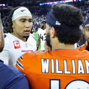 Sep 15, 2024; Houston, Texas, USA; Houston Texans quarterback C.J. Stroud (7) talks with Chicago Bears quarterback Caleb Williams (18) after the game at NRG Stadium.