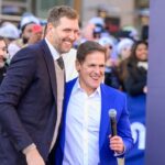 Dallas Mavericks owner Mark Cuban and former power forward Dirk Nowitzki during the ceremony for the unveiling of a statue honoring Nowitzki before the game between the Dallas Mavericks and the Los Angeles Lakers American Airlines Center