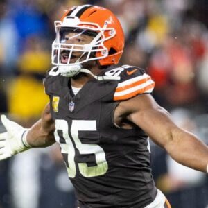 Nov 21, 2024; Cleveland, Ohio, USA; Cleveland Browns defensive end Myles Garrett (95) celebrates a team fumble recovery against the Pittsburgh Steelers during the second quarter at Huntington Bank Field Stadium.