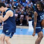 Grizzlies' Yuki Kawamura (17) and Ja Morant (12) do the griddy dance during open practice at FedExForum in Memphis, Tenn., on Sunday, October 6, 2024.