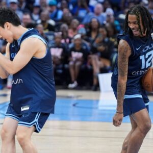 Grizzlies' Yuki Kawamura (17) and Ja Morant (12) do the griddy dance during open practice at FedExForum in Memphis, Tenn., on Sunday, October 6, 2024.