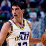 Utah Jazz guard John Stockton (12) in action against the San Antonio Spurs at the Delta Center.
