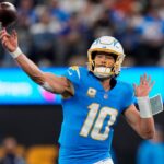 Los Angeles Chargers quarterback Justin Herbert (10) throws a pass in the second quarter of the NFL Week 11 game between the Los Angeles Chargers and the Cincinnati Bengals at SoFi Stadium in Inglewood, Calif., on Sunday, Nov. 17, 2024. The Chargers led 24-6 at halftime.