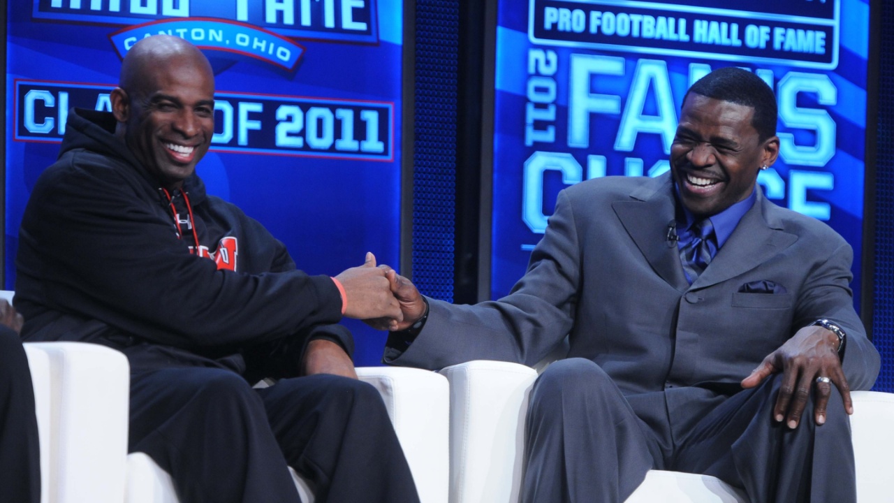 Feb 5, 2011; Dallas, TX, USA; Deion Sanders (left) and Michael Irvin at the 2011 Pro Football Hall of Fame announcement show at the Super Bowl XLV media center at the International Conference and Exposition Center.