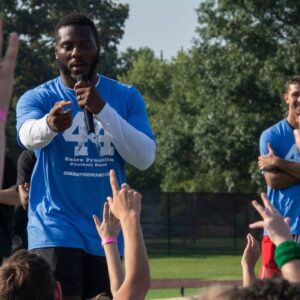 Indianapolis Colts linebacker Zaire Franklin takes questions at his youth football camp at Central High School in Evansville, Ind., Saturday, July 13, 2024.