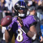 Baltimore Ravens quarterback Lamar Jackson (8) prior to the game against the Denver Broncos at M&T Bank Stadium.