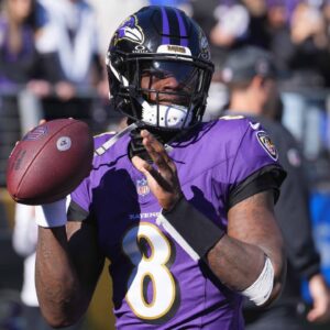 Baltimore Ravens quarterback Lamar Jackson (8) prior to the game against the Denver Broncos at M&T Bank Stadium.