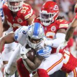 Detroit Lions running back David Montgomery (5) runs against Kansas City Chiefs during the second half at Arrowhead Stadium in Kansas City, Mo. on Thursday, Sept. 7, 2023.