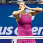 Aryna Sabalenka celebrates after her match against Jessica Pegula (USA) (not pictured) in the women's singles final on day thirteen of the 2024 U.S. Open