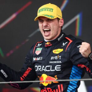 F1 Grand Prix of Brazil Max Verstappen of Red Bull Racing RB20 celebrates his victory on the podium during the Formula 1 Grand Prix of Brazil at Autodromo Jose Carlos Pace in Sao Paulo