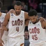 Jarrett Allen, Evan Mobley and Donovan Mitchell