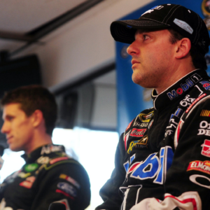 NASCAR Sprint Cup Series driver Tony Stewart (right) and Carl Edwards answer questions during a press conference after the Kobalt Tools 500 at Phoenix International Raceway.