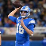 Oct 27, 2024; Detroit, Michigan, USA; Detroit Lions quarterback Jared Goff (16) throws a pass against the Tennessee Titans in the fourth quarter at Ford Field.