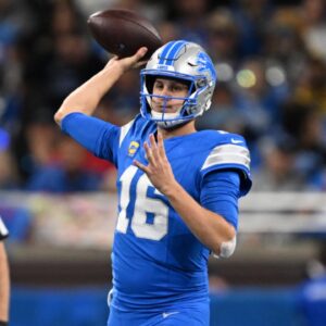 Oct 27, 2024; Detroit, Michigan, USA; Detroit Lions quarterback Jared Goff (16) throws a pass against the Tennessee Titans in the fourth quarter at Ford Field.