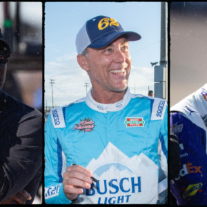 Michael Jordan (L), Kevin Harvick (C) and Denny Hamlin (R).