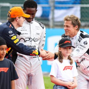 1 Max Verstappen (NLD, Oracle Red Bull Racing), Brad Pitt (USA), F1 Grand Prix of Great Britain at Silverstone Circuit on July 9, 2023 in Silverstone, Great Britain