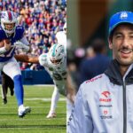 Josh Allen during the Miami Dolphins NFL game (L) and Daniel Ricciardo (R)