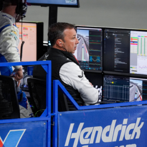 Former crew chief Chad Knaus in the pit box for driver Kyle Larson (5) during the All Star race at North Wilkesboro Speedway.