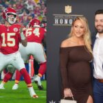 Patrick Mahomes (L), Emily Mayfield and Baker Mayfield (R)