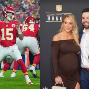 Patrick Mahomes (L), Emily Mayfield and Baker Mayfield (R)