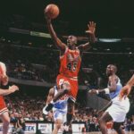 Chicago Bulls guard (45) Michael Jordan wears jersey#45 shortly after his return from a brief retirement following playing baseball against the Cleveland Cavaliers at Gund Arena.