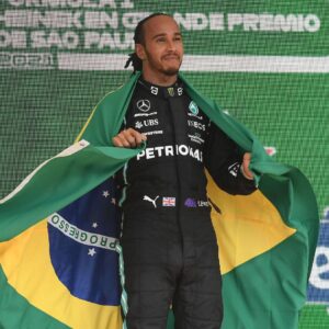 F1 Grand Prix of Brazil .Lewis Hamilton of Great Britain and team Mercedes with the Brazilian flag to honor his hero Ayrton Senna November 14, 2021 At Interlagos, Brazil