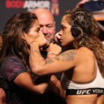 Julianna Pena and Amanda Nunes face-off in front of the fans at American Airlines Center for UFC 277: PeoÂ±a v Nunes 2 on July 29, 2022 in Dallas, Texas, United States.