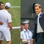 Rafael Nadal and Sam Querrey (L), Roger Federer (R) at Wimbledon