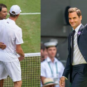 Rafael Nadal and Sam Querrey (L), Roger Federer (R) at Wimbledon