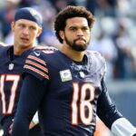 Chicago Bears quarterback Caleb Williams (18) practices before the game against the New England Patriots at Soldier Field.