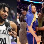 Cam Thomas (L) and James Harden and Stephen Curry (R)