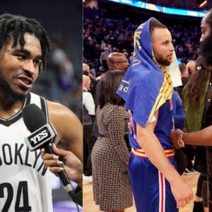 Cam Thomas (L) and James Harden and Stephen Curry (R)