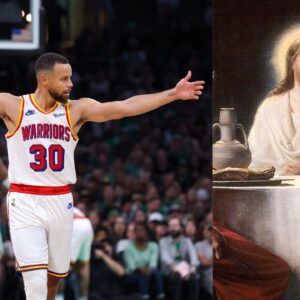 Stephen Curry (L) and “The Supper at Emmaus” (R)