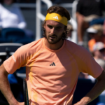 Stefanos Tsitsipas, of Greece, reacts to losing a point to Jan-Lennard Struff, of Germany, during the Cincinnati Open