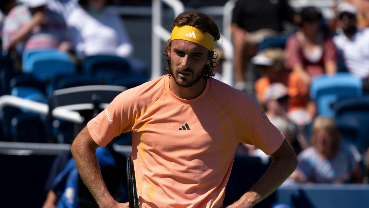 Stefanos Tsitsipas, of Greece, reacts to losing a point to Jan-Lennard Struff, of Germany, during the Cincinnati Open