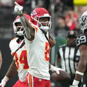 Oct 27, 2024; Paradise, Nevada, USA; Kansas City Chiefs wide receiver DeAndre Hopkins (8) gestures after a first down against the Las Vegas Raiders in the first half at Allegiant Stadium.