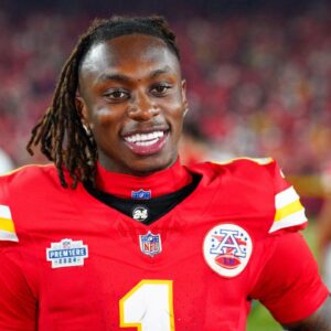 Kansas City Chiefs wide receiver Xavier Worthy (1) speaks with media after the win over the Baltimore Ravens at GEHA Field at Arrowhead Stadium.