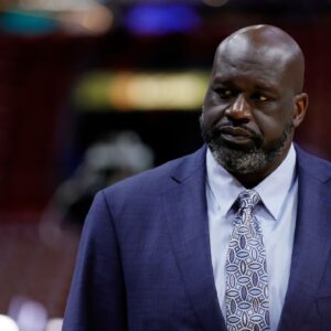 Shaquille O'Neal looks on before game four between the Miami Heat and the Boston Celtics in the Eastern Conference Finals for the 2023 NBA playoffs at Kaseya Center.