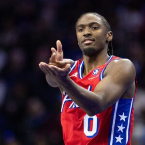 Philadelphia 76ers guard Tyrese Maxey (0) reacts to his three pointer against the Brooklyn Nets during the second quarter at Wells Fargo Center.