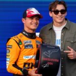 Lando Norris McLaren Formula 1 Team, Great Britain, 04 is happy about starting position 1 and receives the Pole Position Award from Mondo Duplantis Sweden, Pole Vault Athletics, World Champion and Olympic Champion