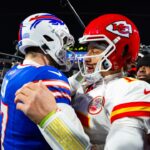 Kansas City Chiefs quarterback Patrick Mahomes (15) greets Buffalo Bills quarterback Josh Allen (17) following the 2024 AFC divisional round game at Highmark Stadium.