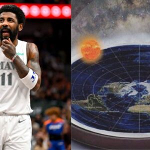 Kyrie Irving (L) and a portrayal of the Flat Earth theory (R)
